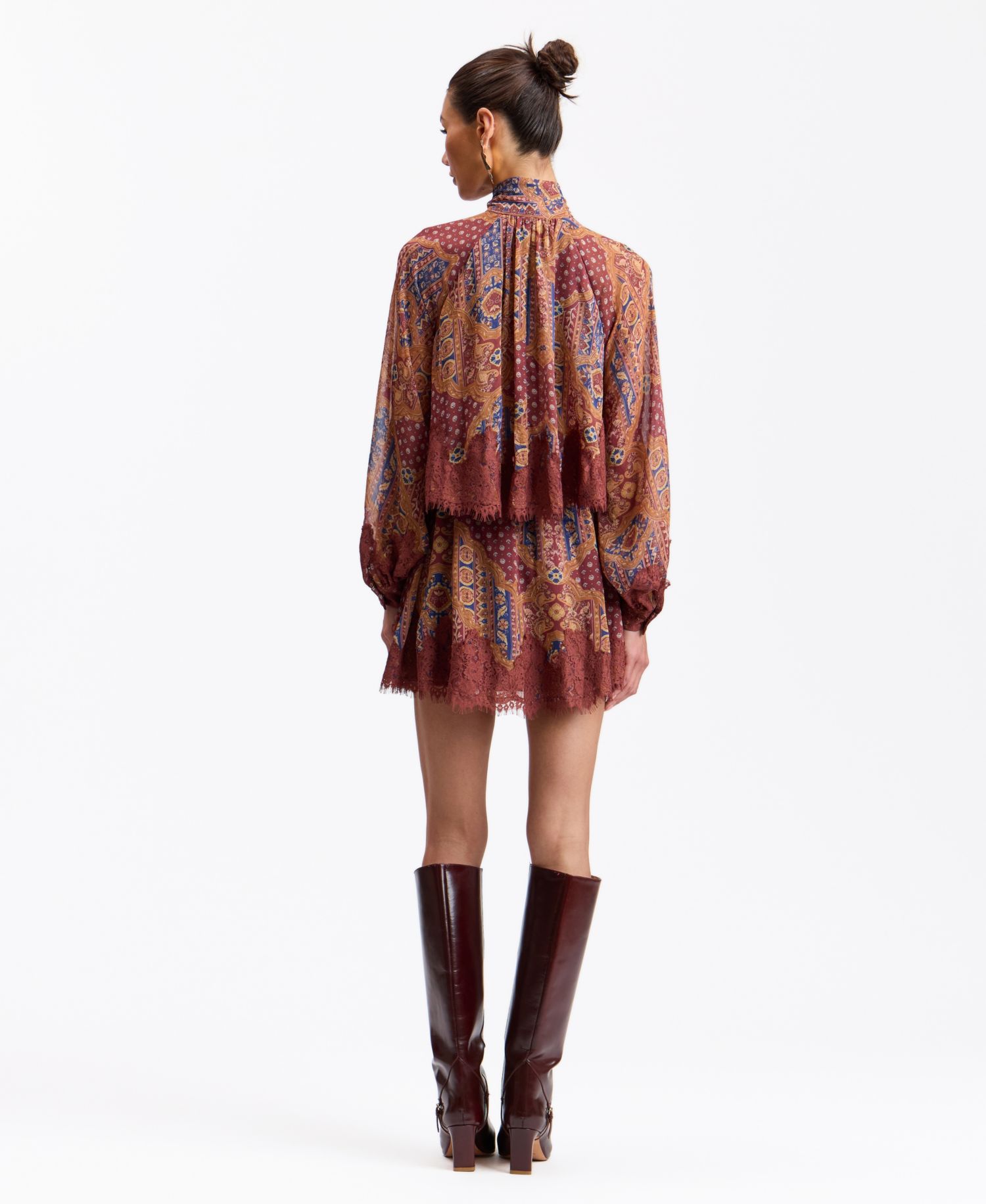 Women's Tie-Neck Long-Sleeve Tiered Mini Dress