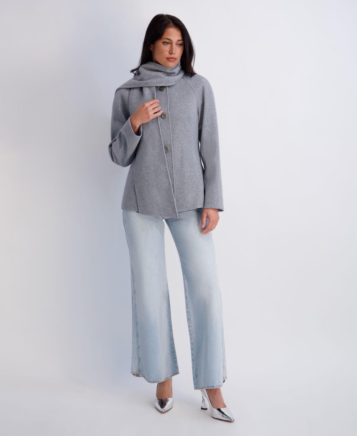 Kensie Women's Faux Wool Button Front Coat With Scarf Detail