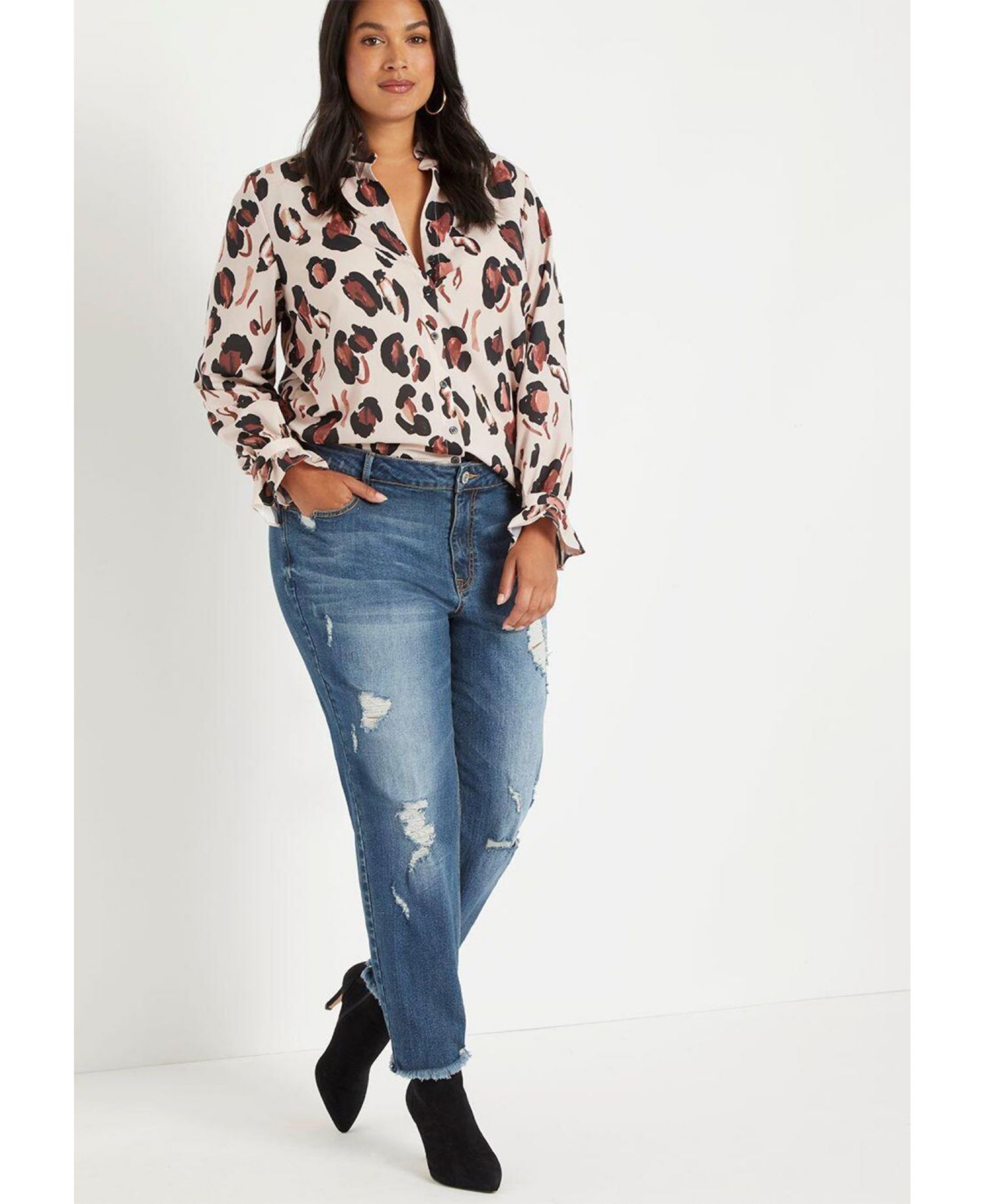 Women's Printed Button Down Shirt With Ruffle Neck