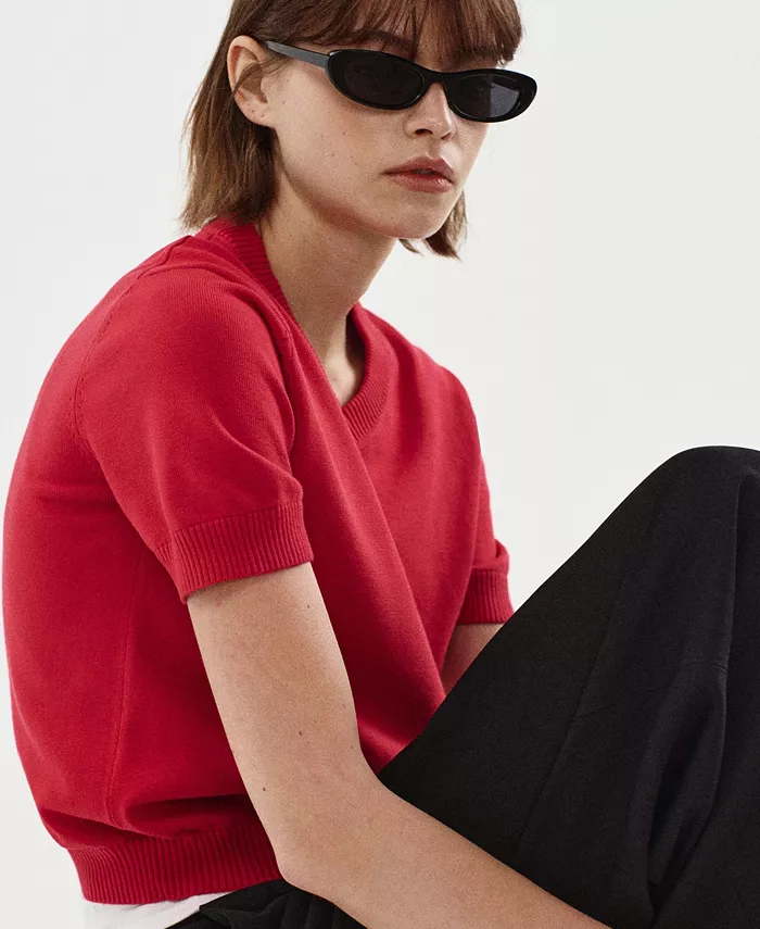 Women's V-Neck Short-Sleeve Ribbed Sweater - thumbnail 4