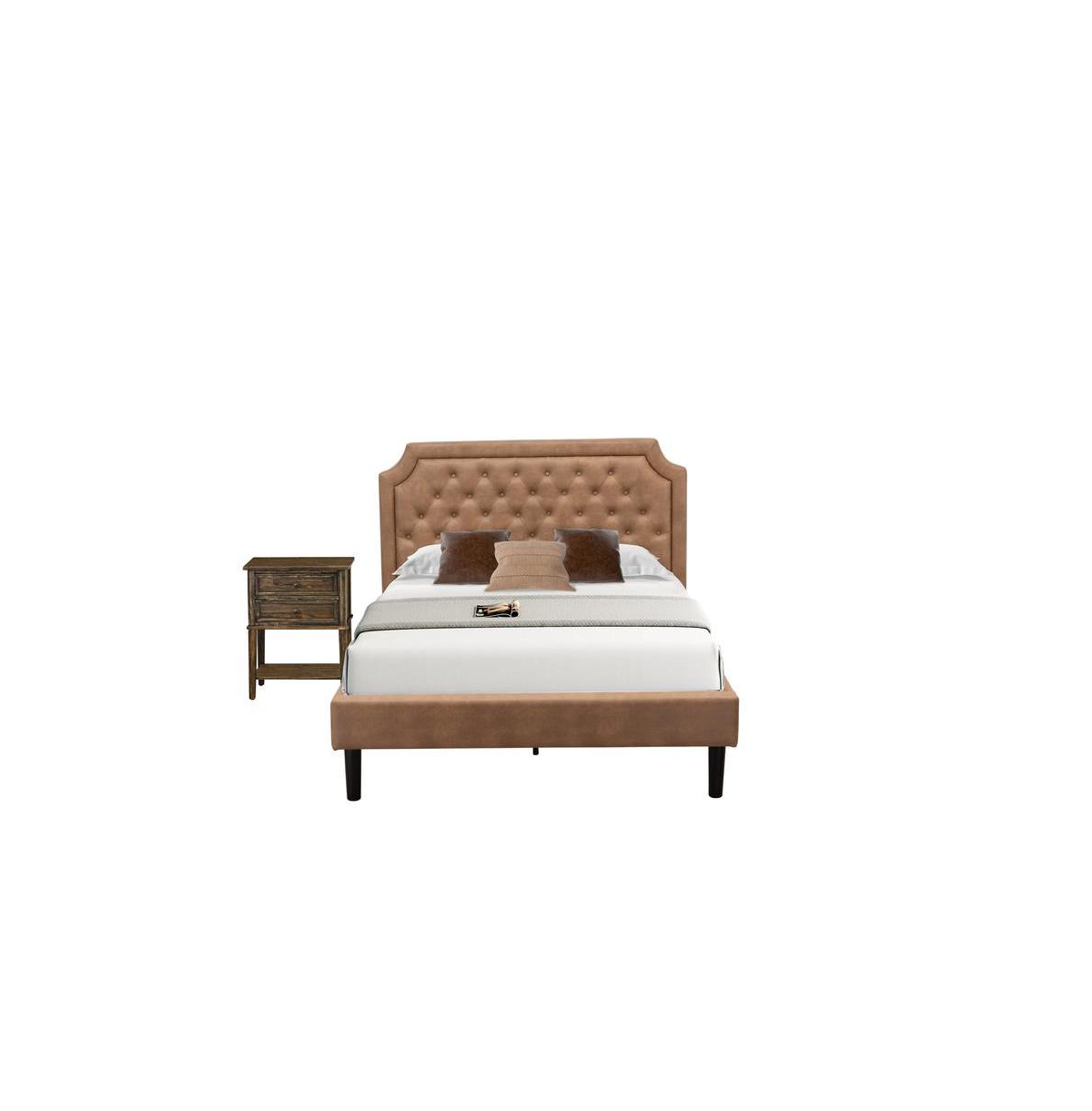 GB28F-1VL07 Platform Bedroom Set with Full Bed & Distressed Jacobean Night Stand, Brown - Brown Faux Leather & Black Legs - 2 Piece
