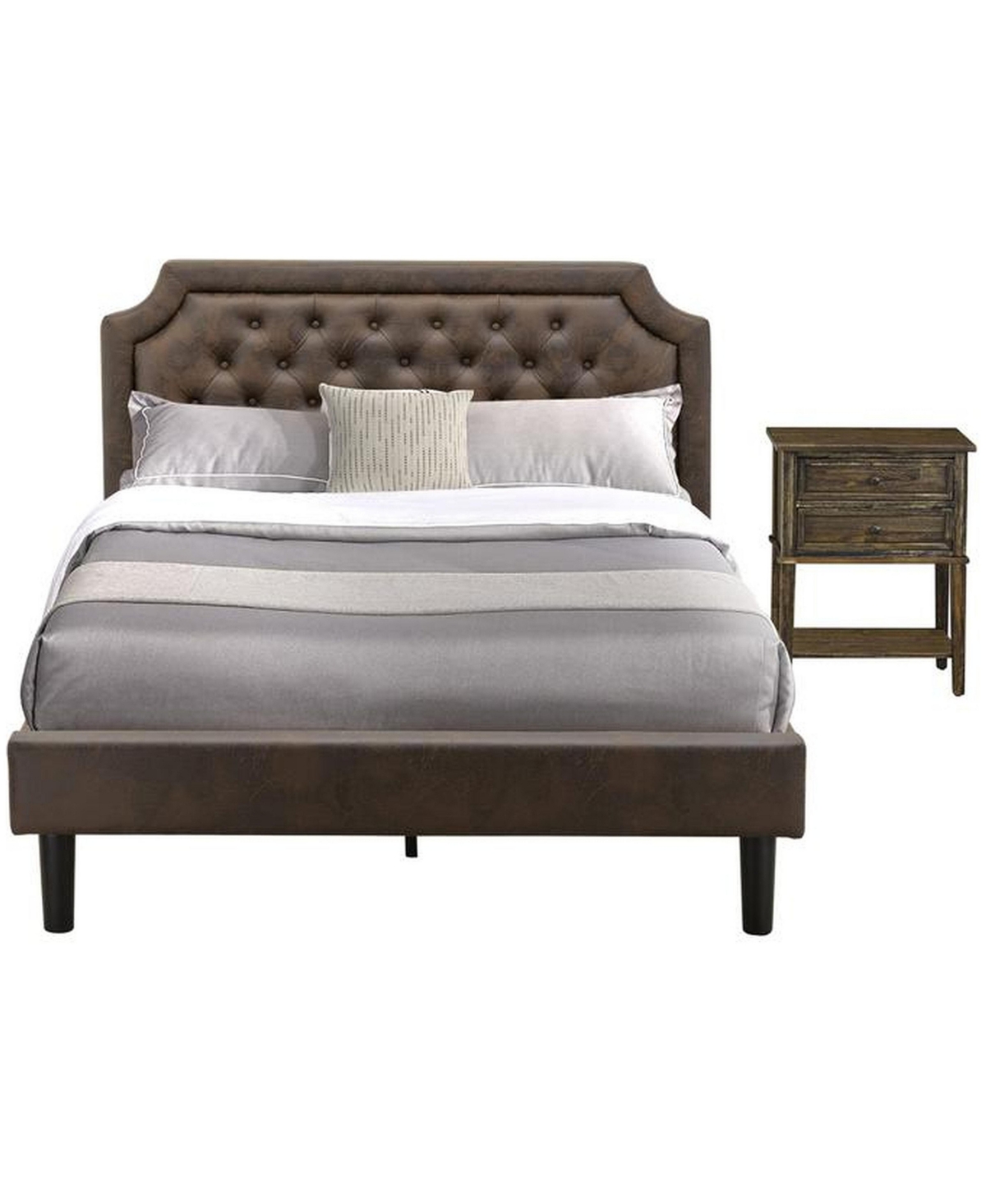GB25Q-1VL07 Granbury Bed Set with Queen Bed & Distressed Jacobean Night Stand, Black Textured - Dark Brown Faux Leather & Black Legs - 2 Piece