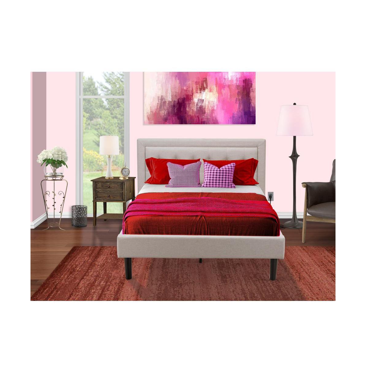 East West Furniture FN08F-1VL07 2-Piece Fannin Full Size Bedroom Set with 1 Mid Century Bed and a Modern Nightstand - Mist beige