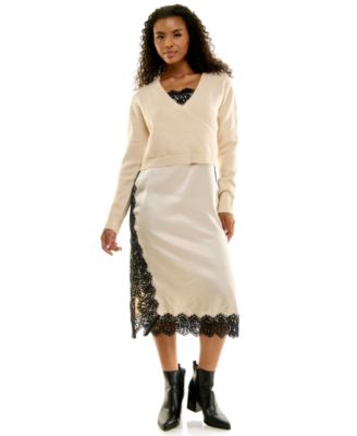 Juniors' Wrap Sweater and Lace Trim Midi Slip Dress, 2-Piece Set