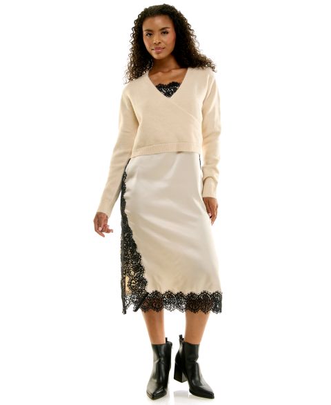 Женский комплект INVITEE Juniors' Wrap Sweater and Lace Trim Midi Slip Dress, 2-Piece Set, цвет: Белый