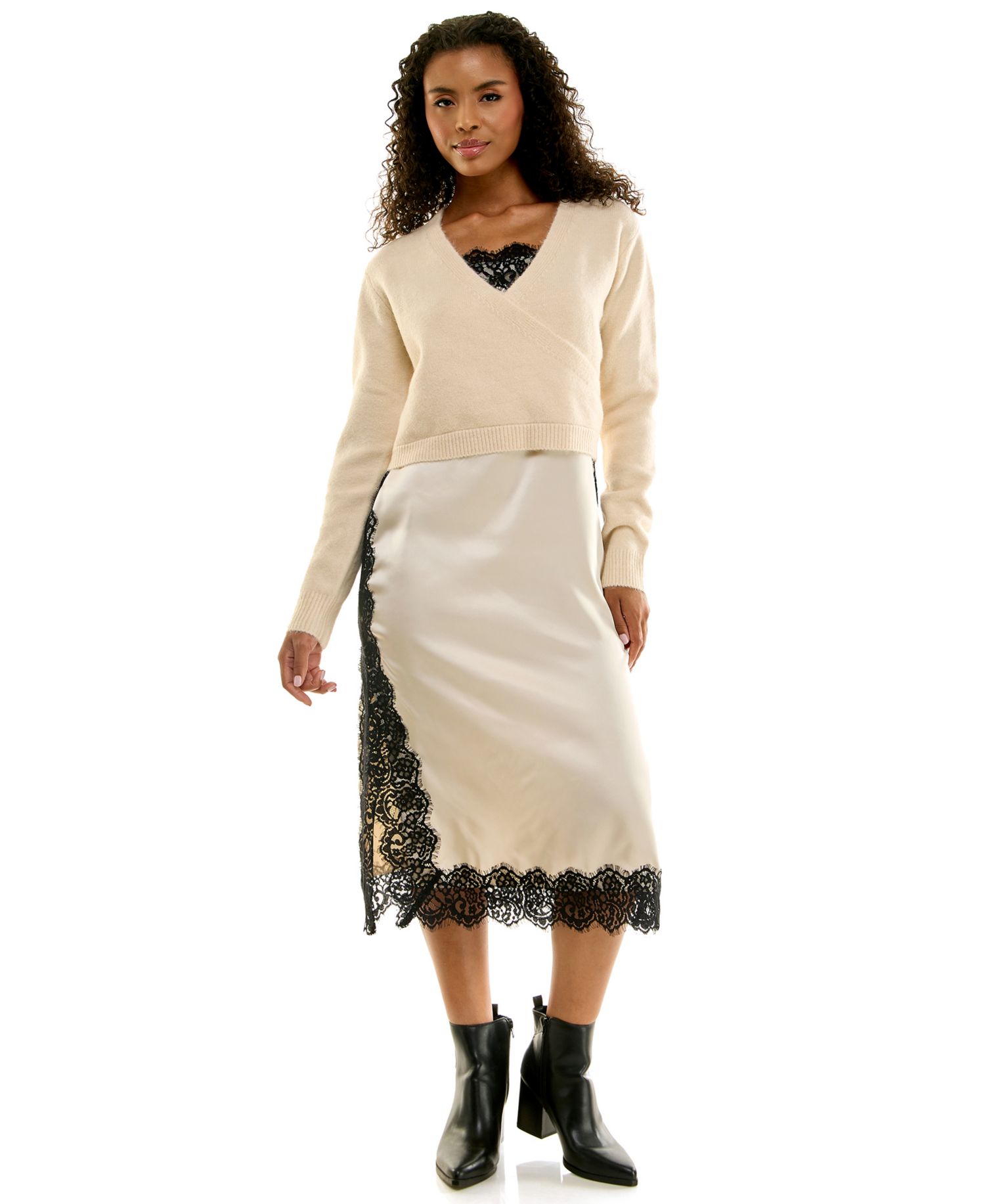 Juniors' Wrap Sweater and Lace Trim Midi Slip Dress, 2-Piece Set
