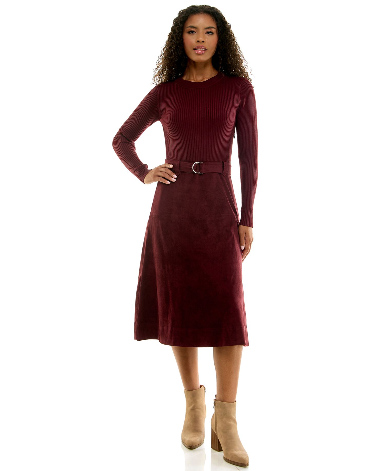 Juniors' Mock Neck Long-Sleeve A-Line Sweater Dress