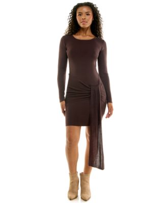 Juniors' Long-Sleeve Crew Neck Tie-Waist Sweater Dress