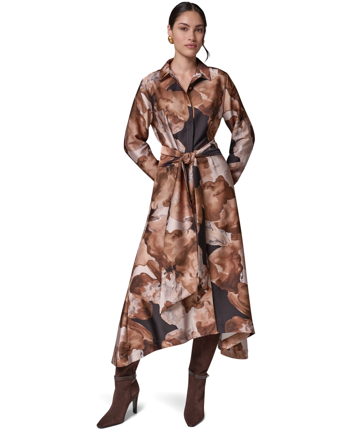 Donna Karan New York Women's Satin Long-Sleeve Midi Shirt Dress