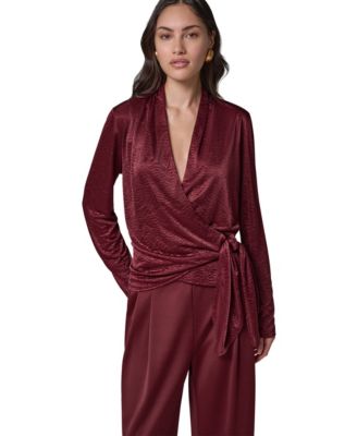 Women's Long-Sleeve Crinkled V-Neck Blouse