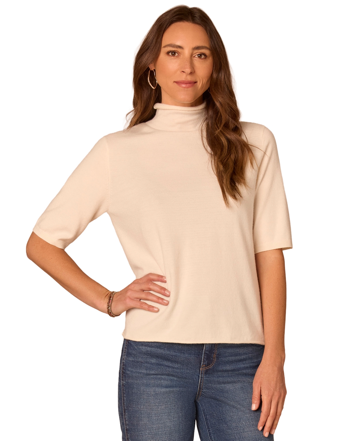 Democracy Women's Short-Sleeve Drape Mock Neck Sweater