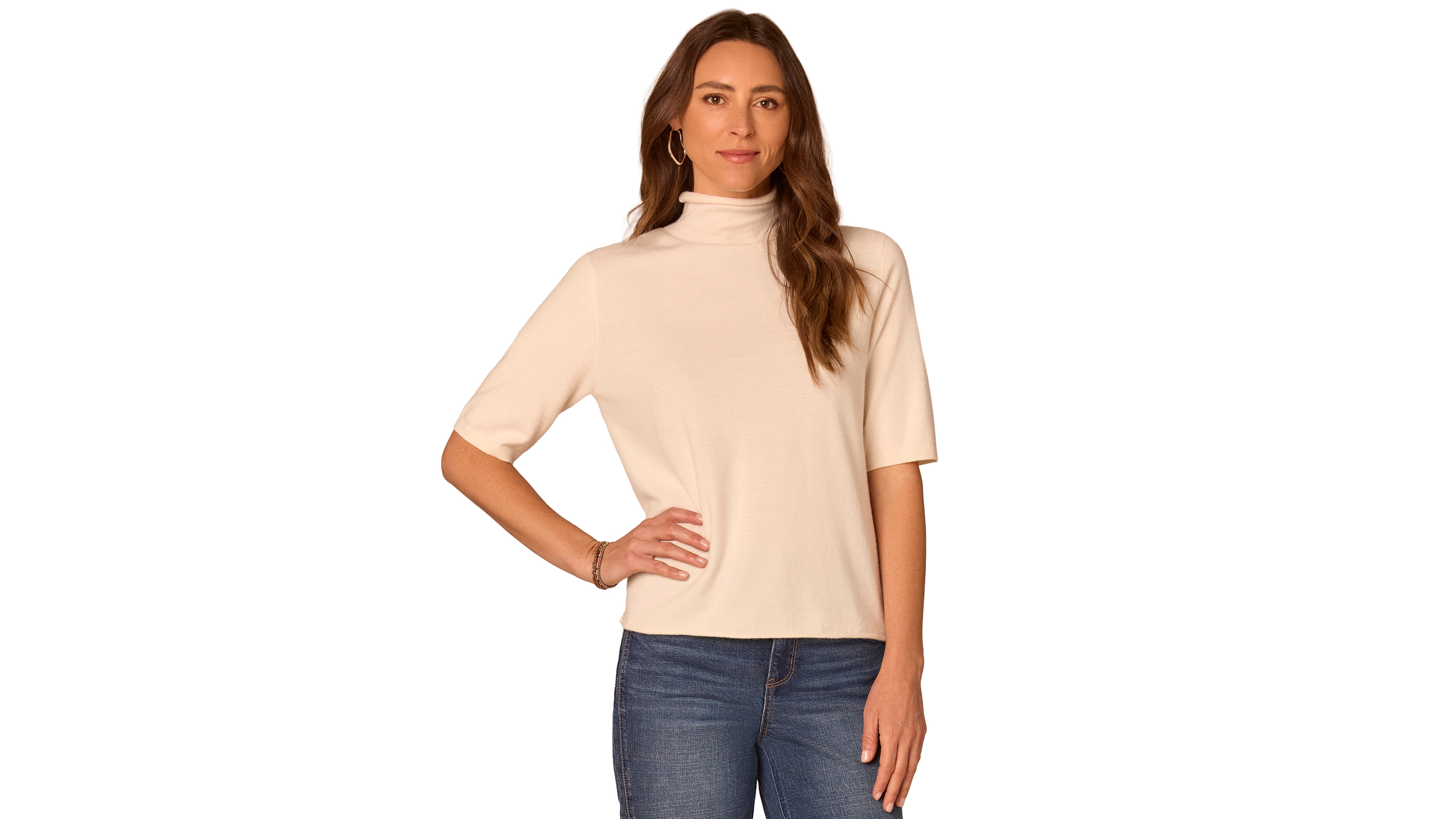Democracy Women's Short-Sleeve Drape Mock Neck Sweater