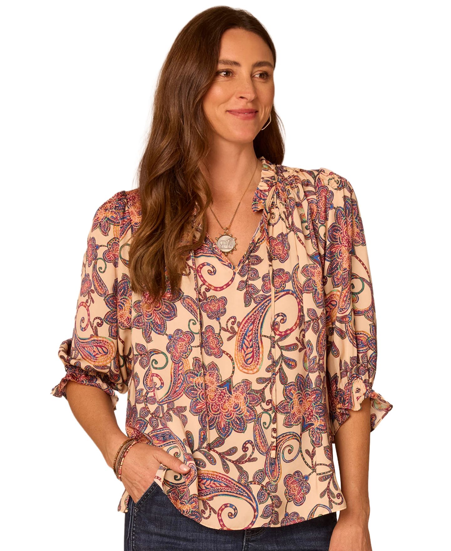 Женская блузка Democracy 3/4 Sleeve Paisley-Print Split-Neck, цвет: Macademia- — фото 2