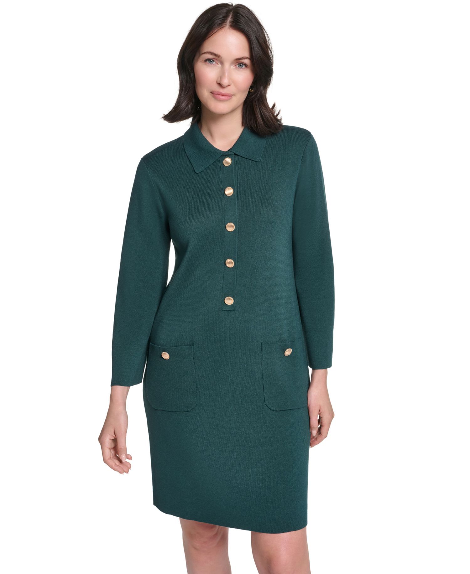 Petite Collared Button-Front Long-Sleeve Midi Dress