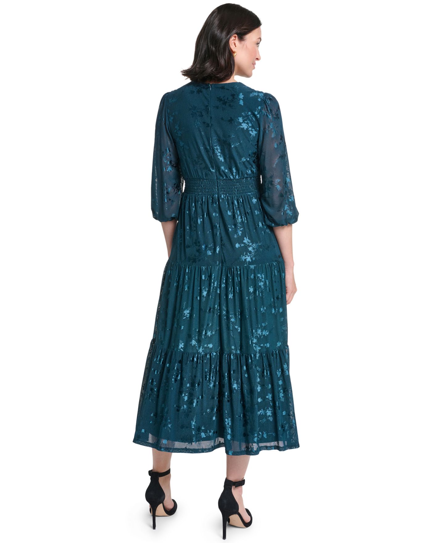Женское платье Jessica Howard Petite 3/4-Sleeve Smocked Floral Midi, цвет: Тёмно-зелёный — фото 5