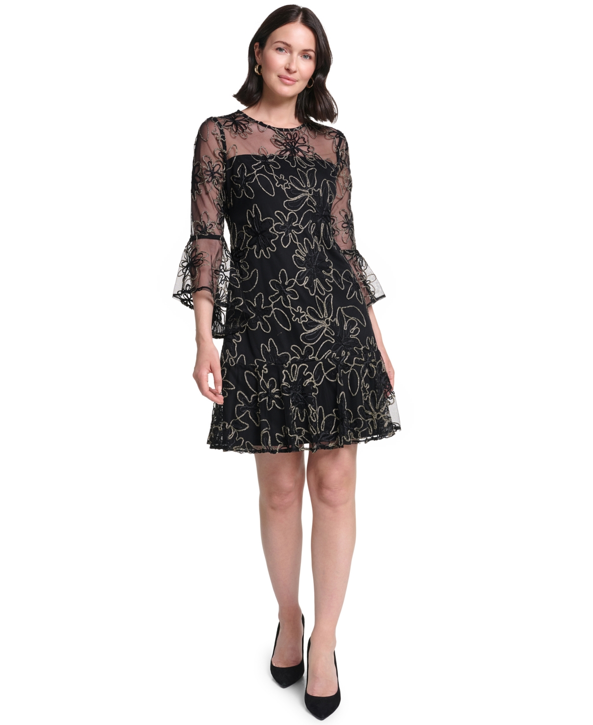 Jessica Howard Petite Floral-Print Bell-Sleeve A-Line Dress