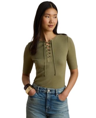 Women's Crewneck Lace-Up Ribbed Elbow-Sleeve T-Shirt