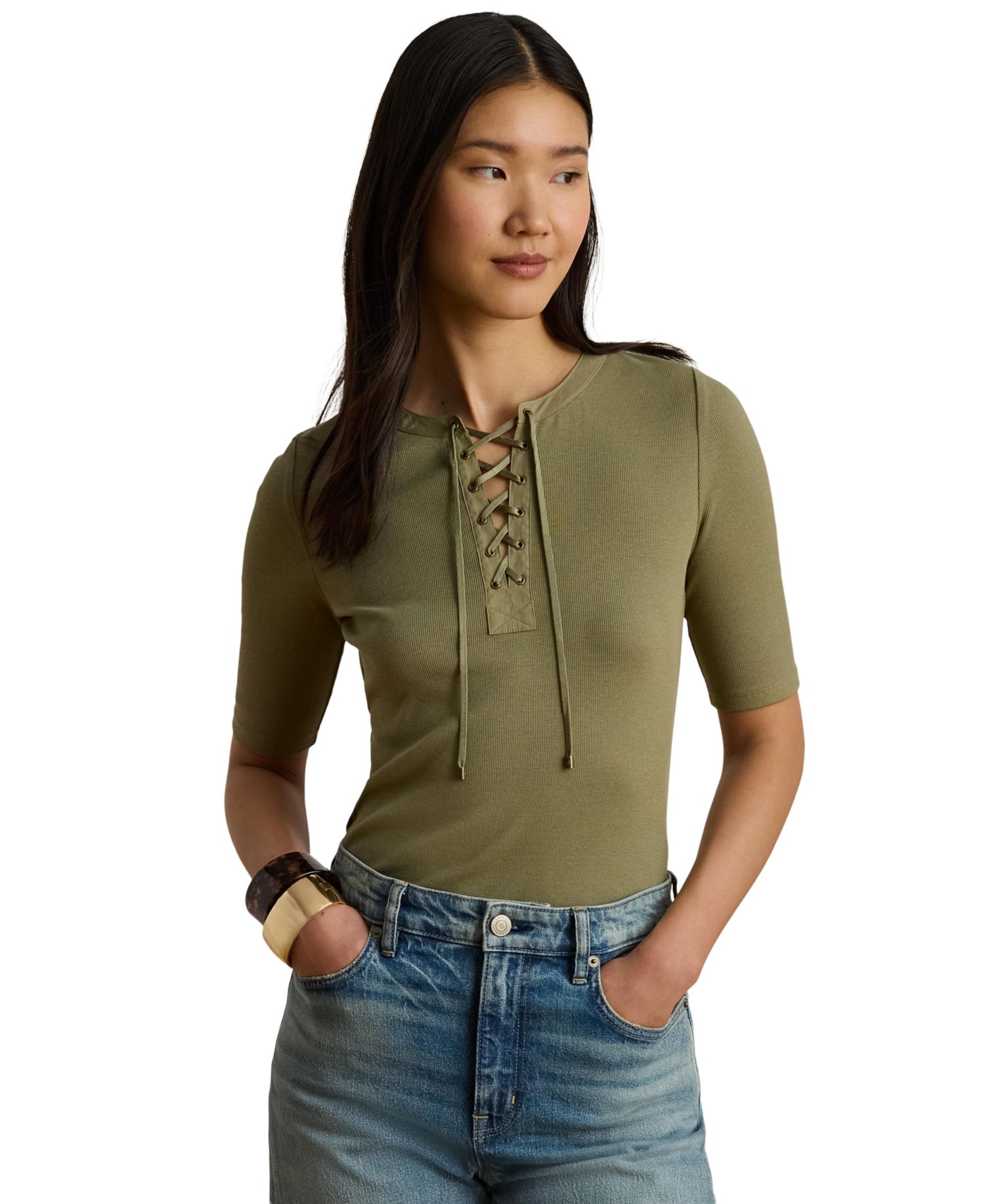Women's Crewneck Lace-Up Ribbed Elbow-Sleeve T-Shirt