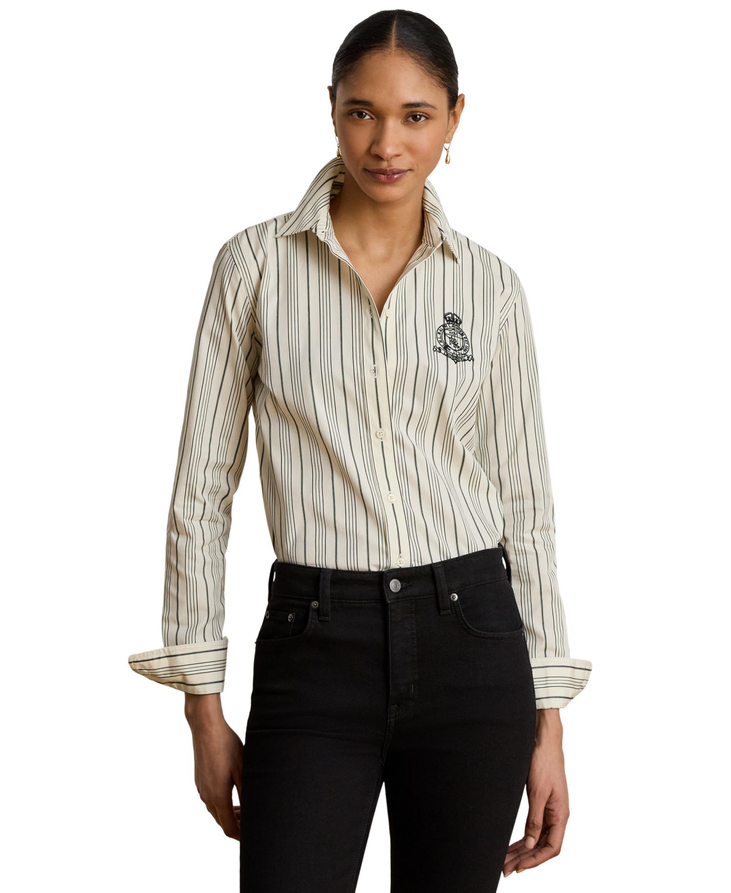 Petite Striped Collared Crest-Embroidered Shirt