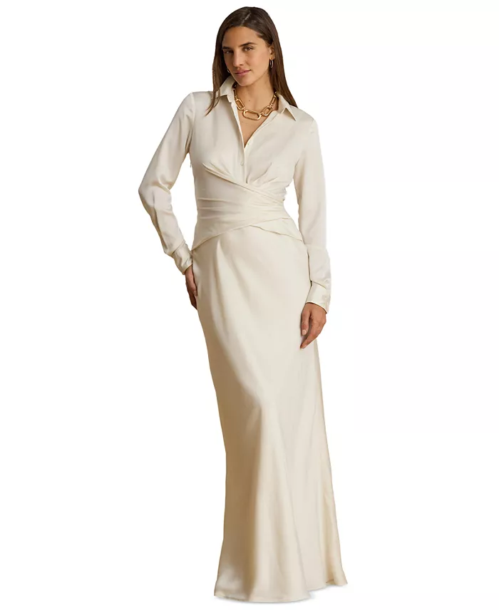 Women's Pleated Button-Up Charmeuse Gown