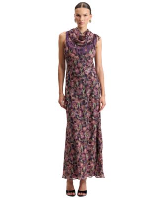 Women's Floral Cowl Neck Fringe Cape Scarf Maxi Dress