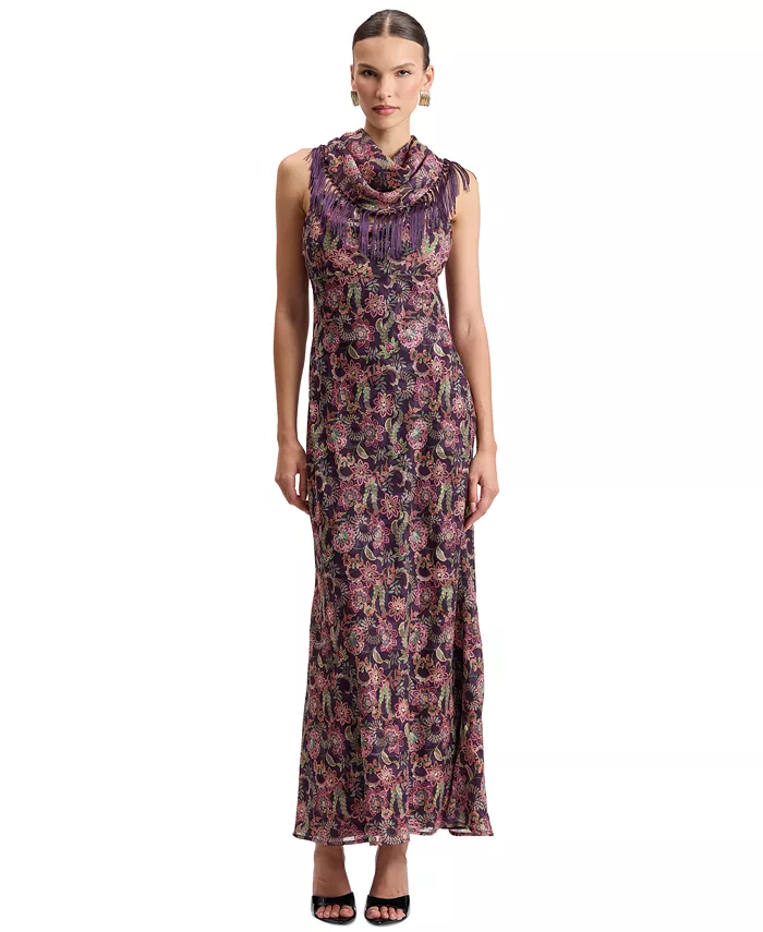 Women's Floral Cowl Neck Fringe Cape Scarf Maxi Dress