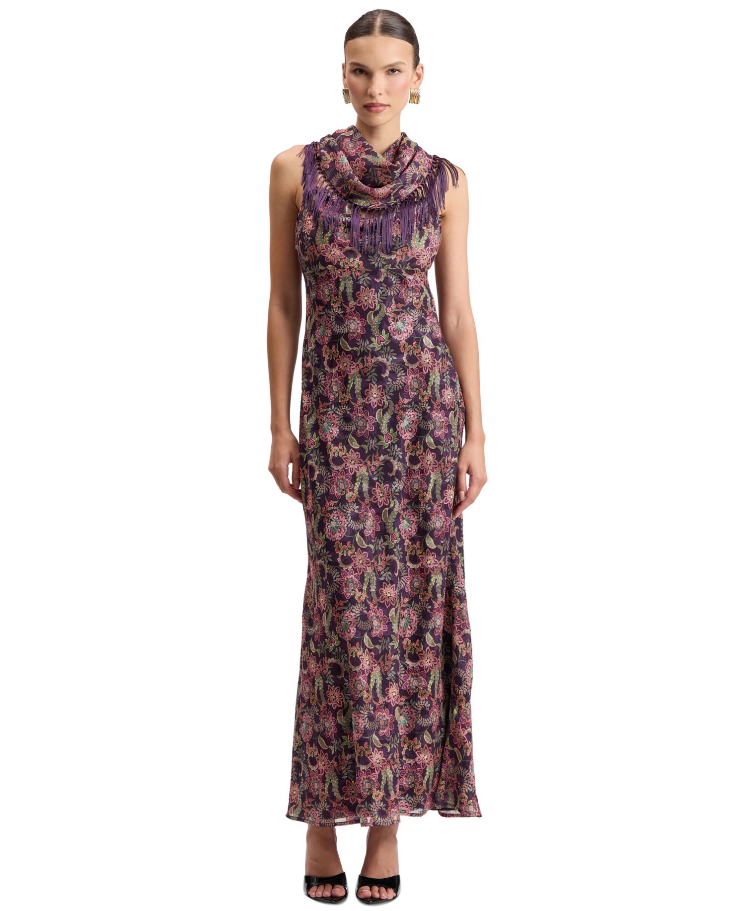 Women's Floral Cowl Neck Fringe Cape Scarf Maxi Dress