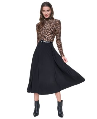 Women's Long-Sleeve Fit-and-Flare Mock-Neck Dress