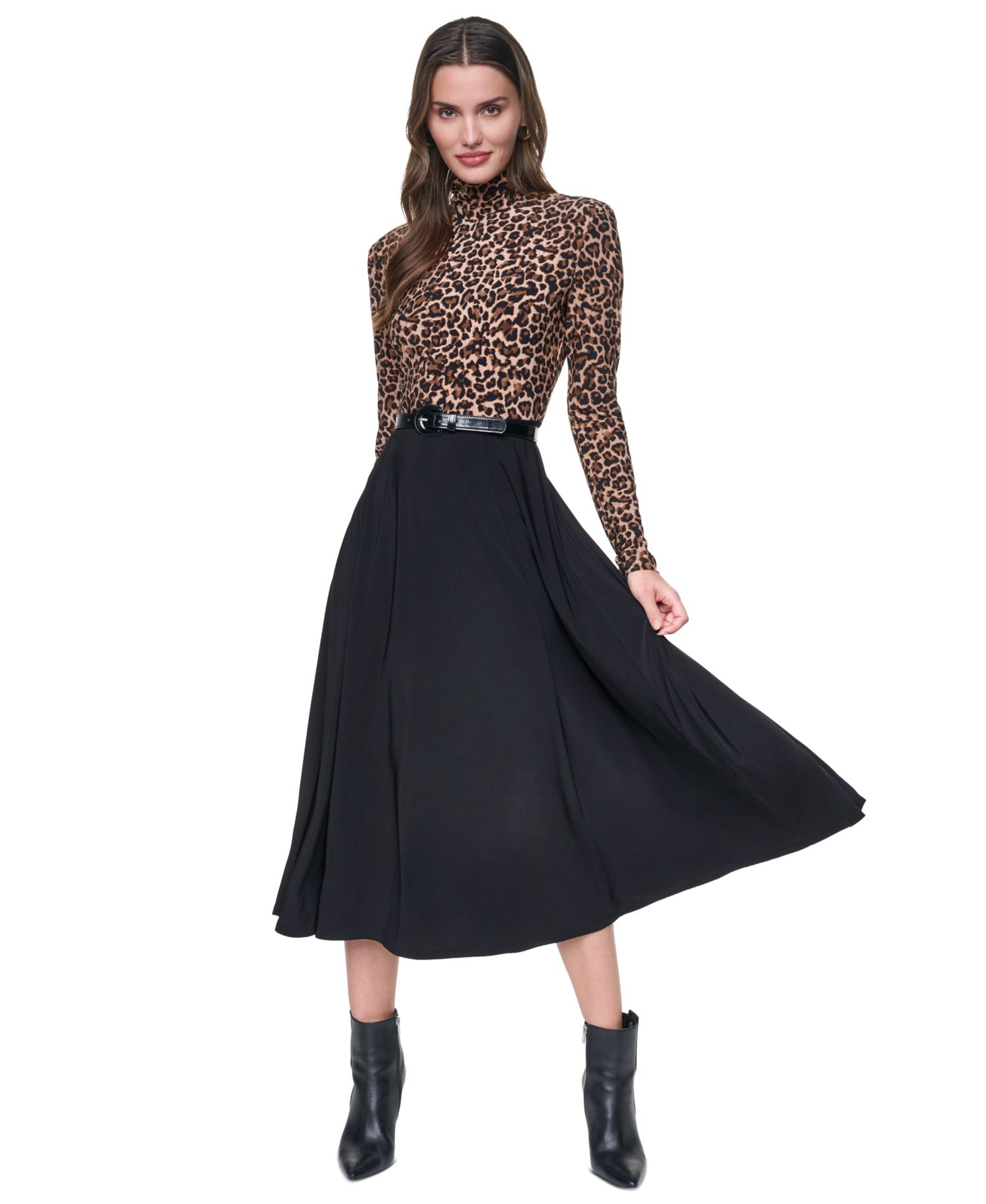 Women's Long-Sleeve Fit-and-Flare Mock-Neck Dress