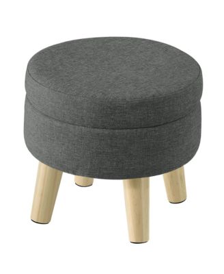 Round Ottoman, Foot Rest with Wood Legs, Small Table, for Hallway, Living Room, Linen-Look Fabric