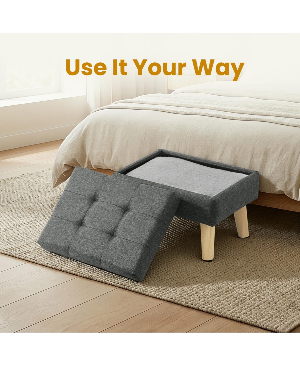 SongmicsHome Ottoman with Wood Legs, Foot Rest, Small Table, for Hallway, Living Room, Linen-Look Fabric