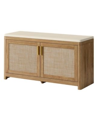 Boho Shoe Bench with Cushion, 39.4 Inches Entryway Bench, 2 Doors, Adjustable Shelf, for Bedroom or Window Seat