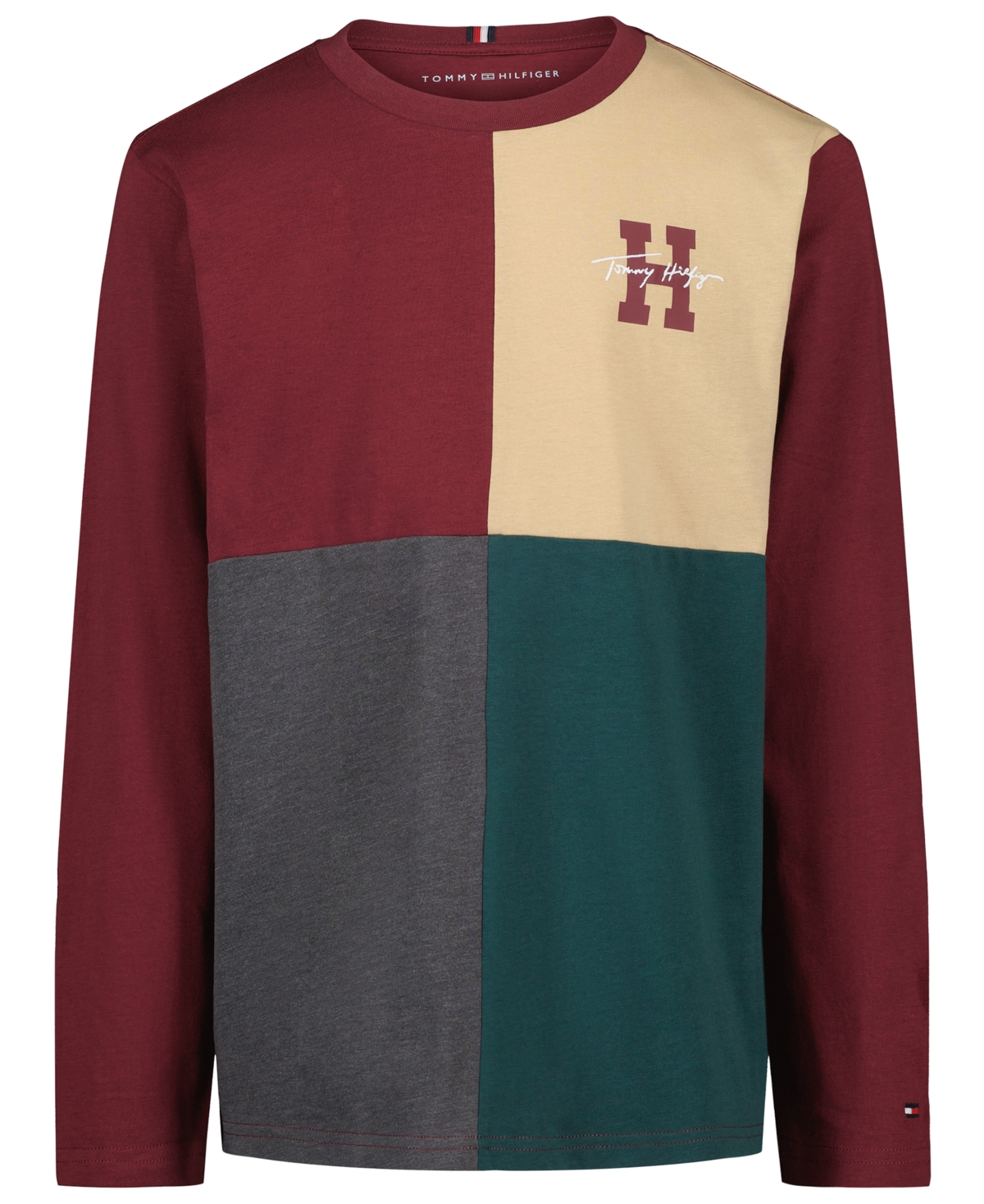 Tommy Hilfiger Boys' and Girls' 2T-7 Quad Pieced Color-Block Long-Sleeve T-Shirt - Zinfandel
