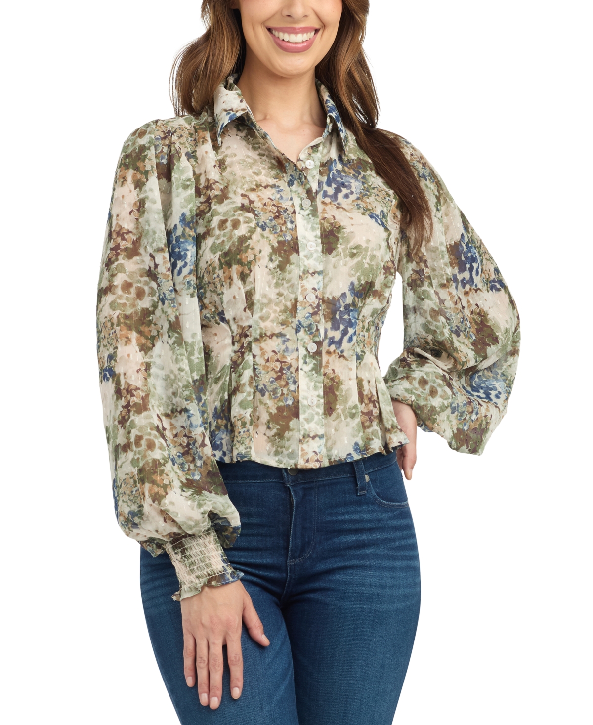Bcx Women's Floral-print Sheer Long-sleeve Blouse In Pat C