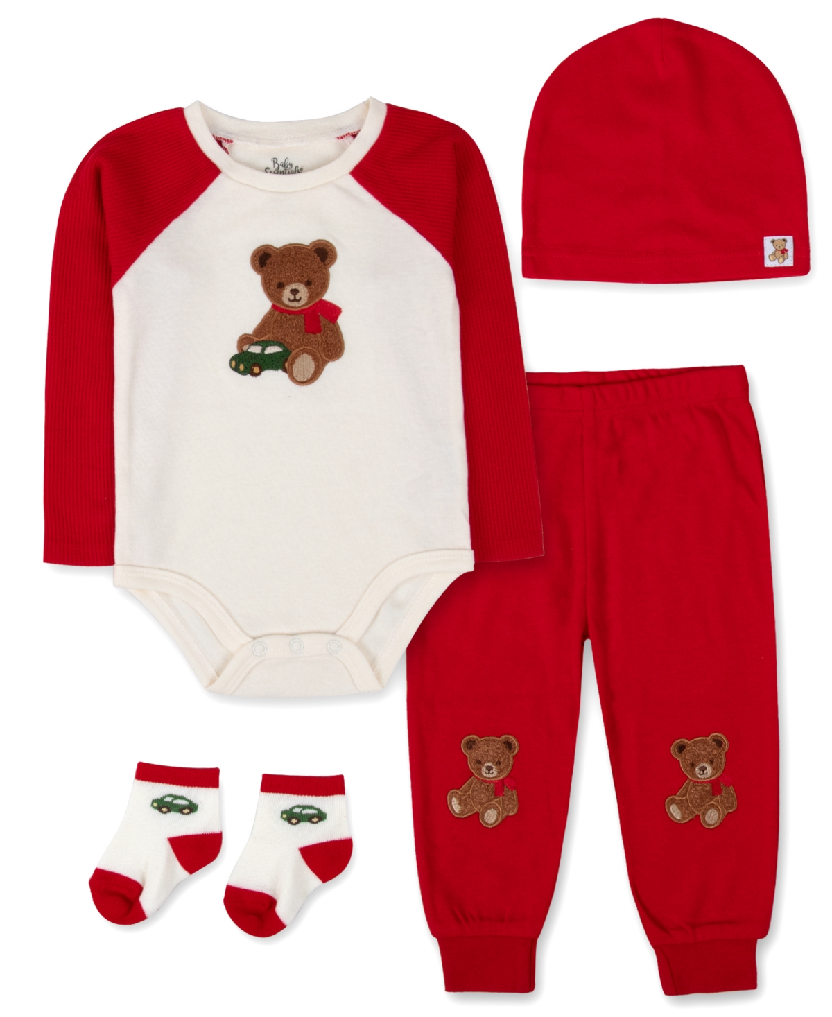 Baby Essentials Boys' My First Christmas Long-Sleeve Teddy Bear Bodysuit, Pants, Hat and Socks, 4-Piece Set