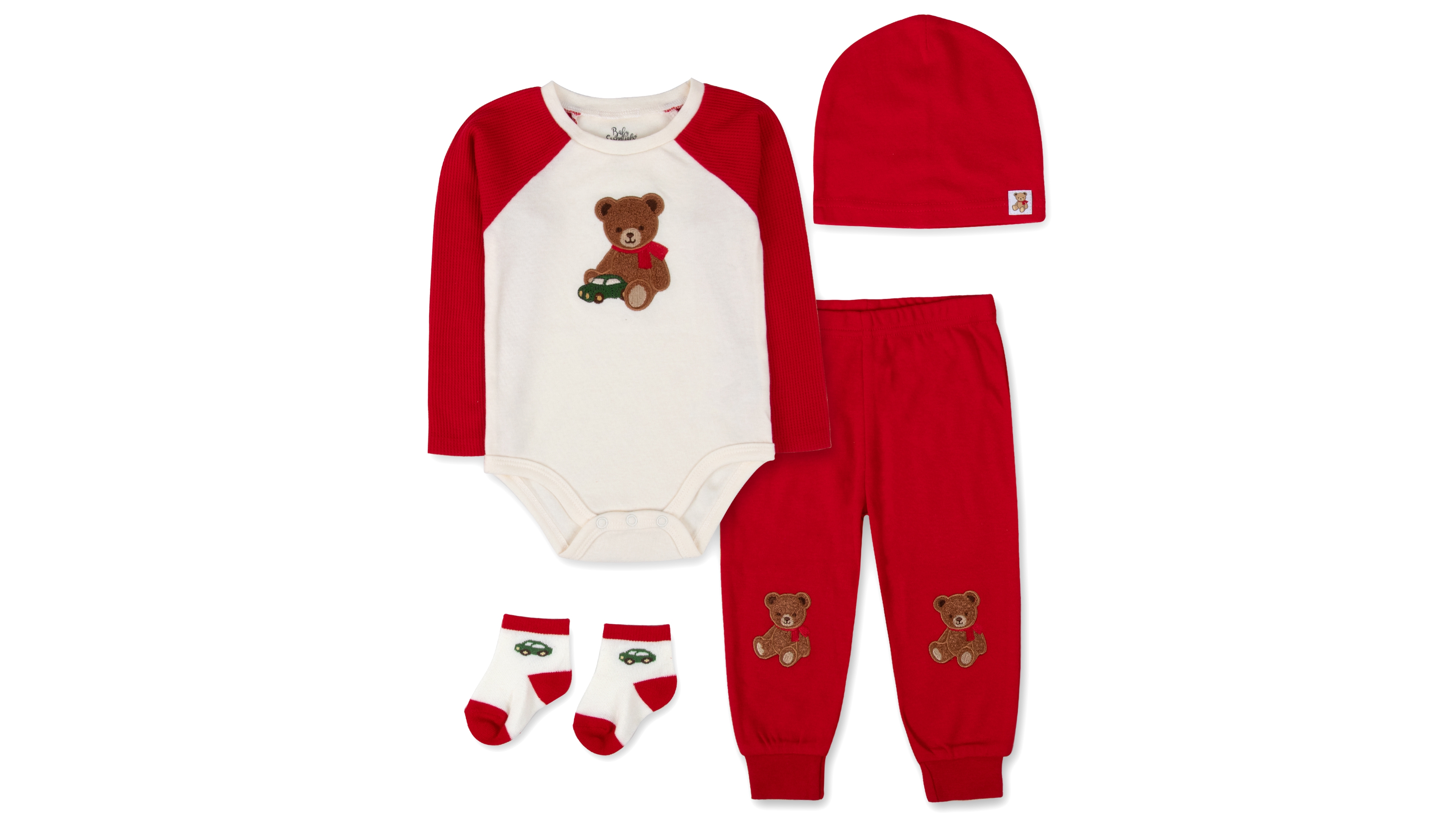 Baby Essentials Boys' My First Christmas Long-Sleeve Teddy Bear Bodysuit, Pants, Hat and Socks, 4-Piece Set