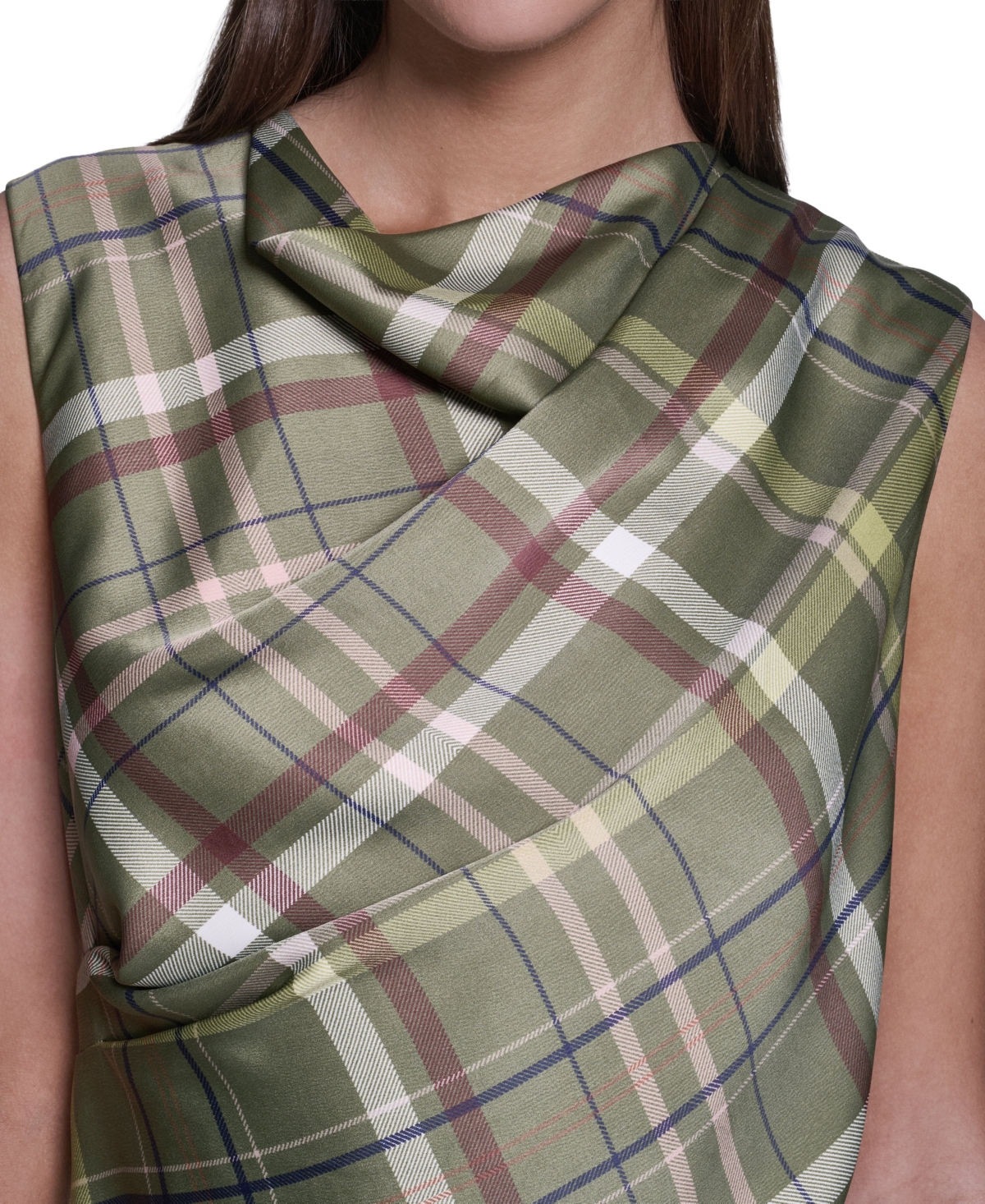 Halston Women's Cowl Neck Plaid Asymmetrical Midi Dress