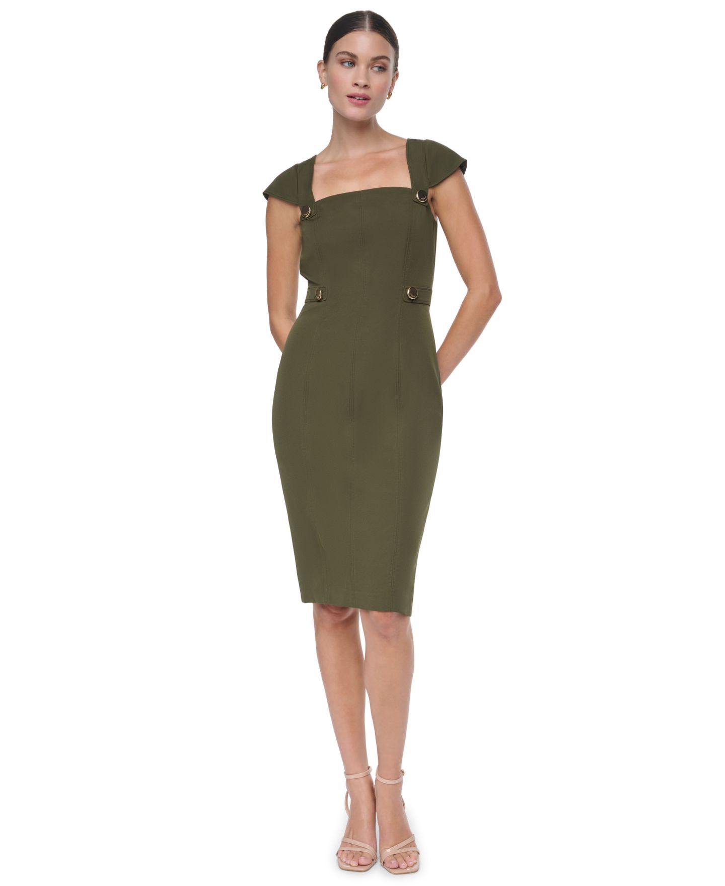 Женское платье Halston Cap-Sleeve Square-Neck Crepe Midi, цвет: Оливковый — фото 1