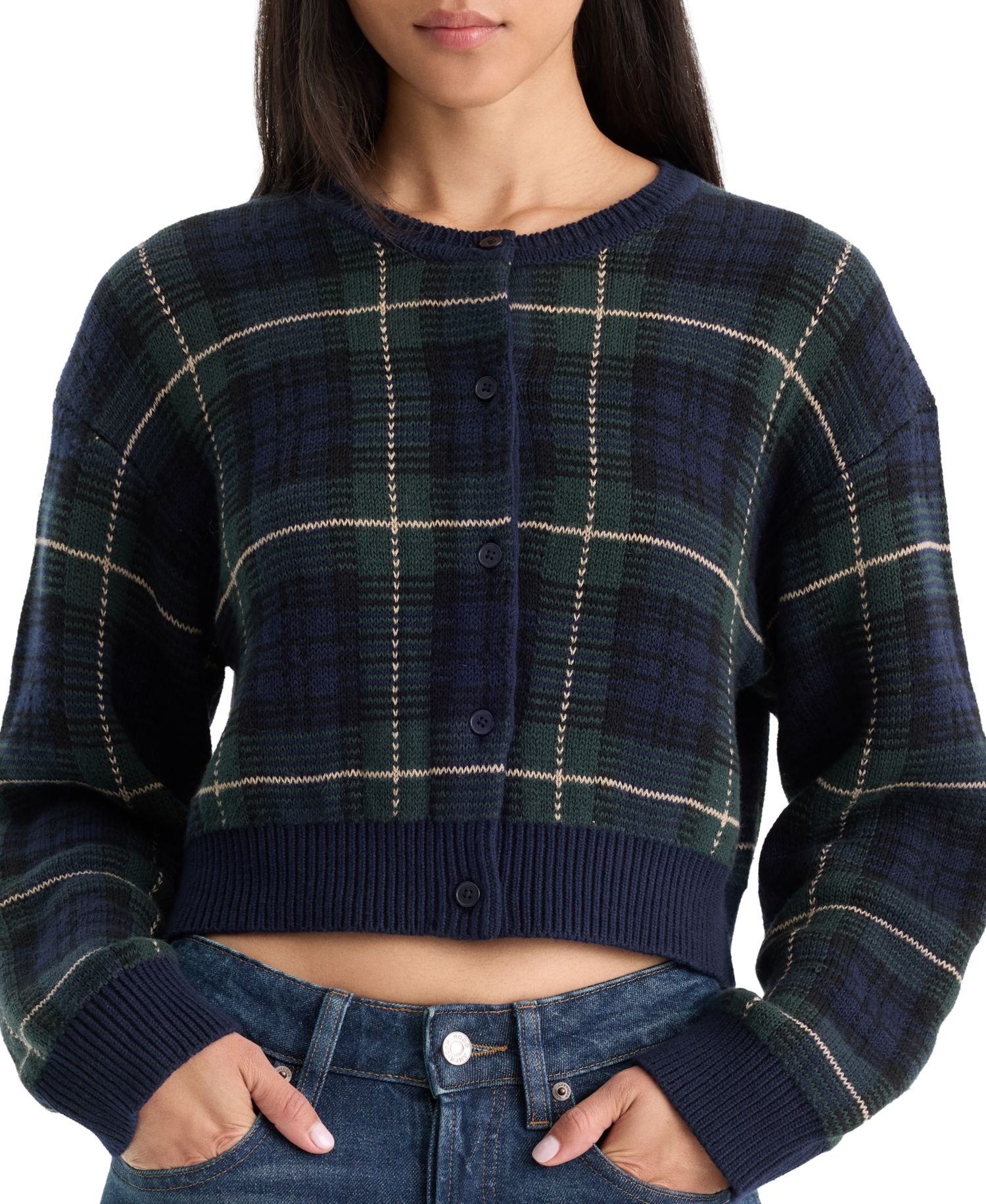 Women's Cropped Plaid Cardigan Sweater