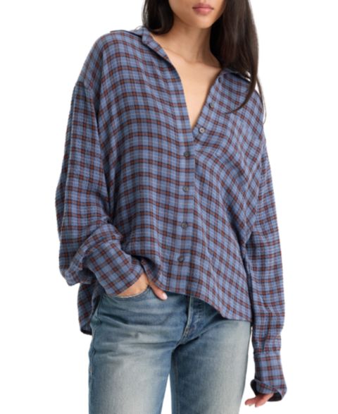 Женская рубашка Good American Crinkle Easy Plaid Collared, цвет: Синий клетчатый