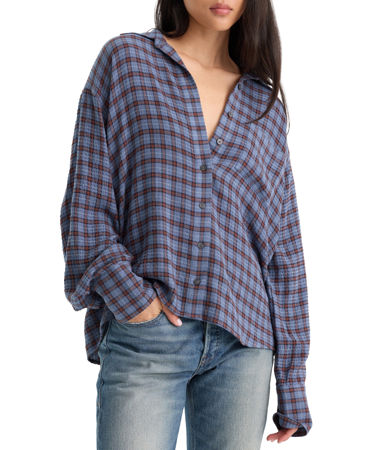 Good American Women's Crinkle Easy Plaid Collared Shirt