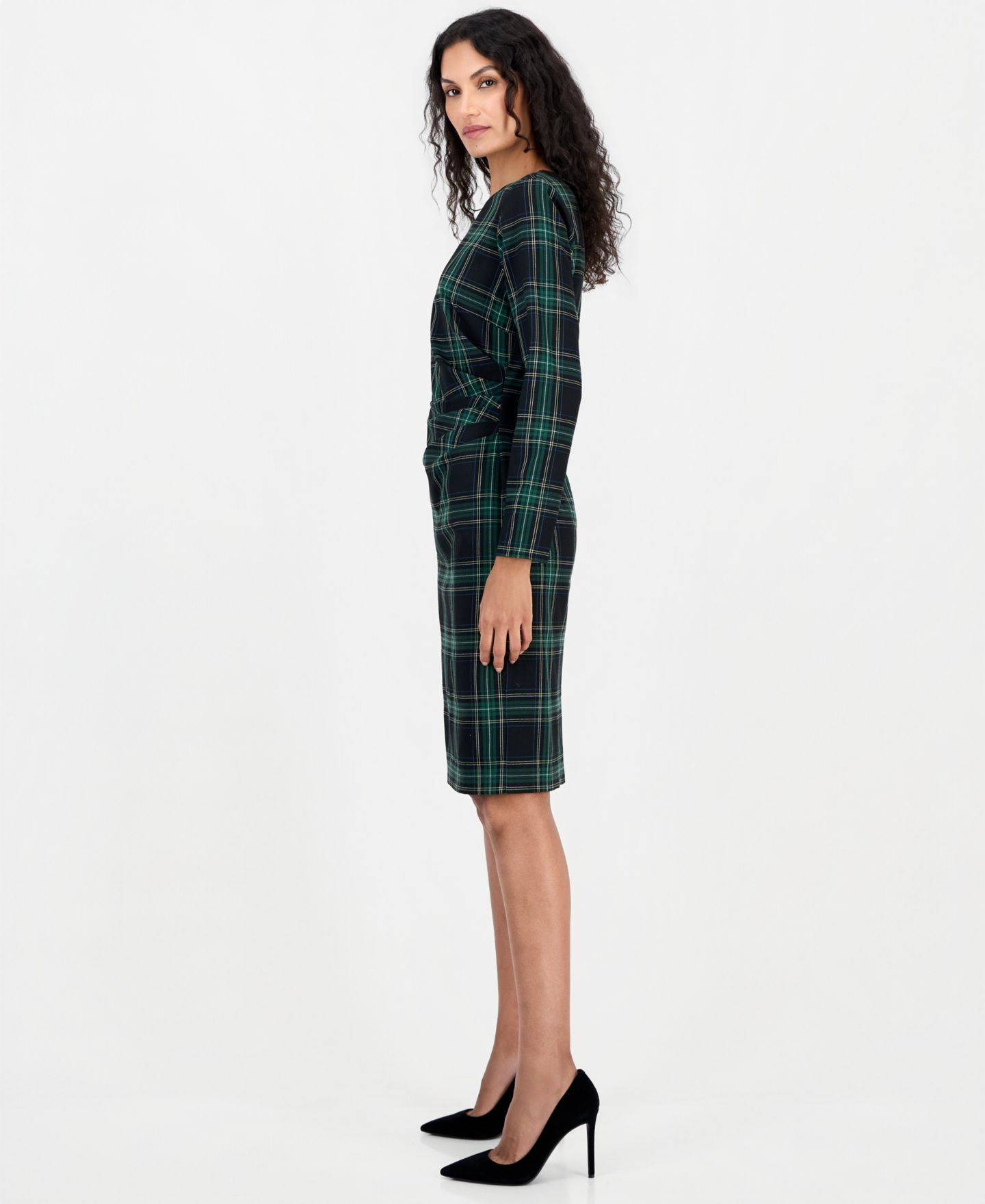 Женское платье Tahari ASL Long-Sleeve Scoop Neck Plaid, цвет: Зимний сосновый чёрный — фото 5