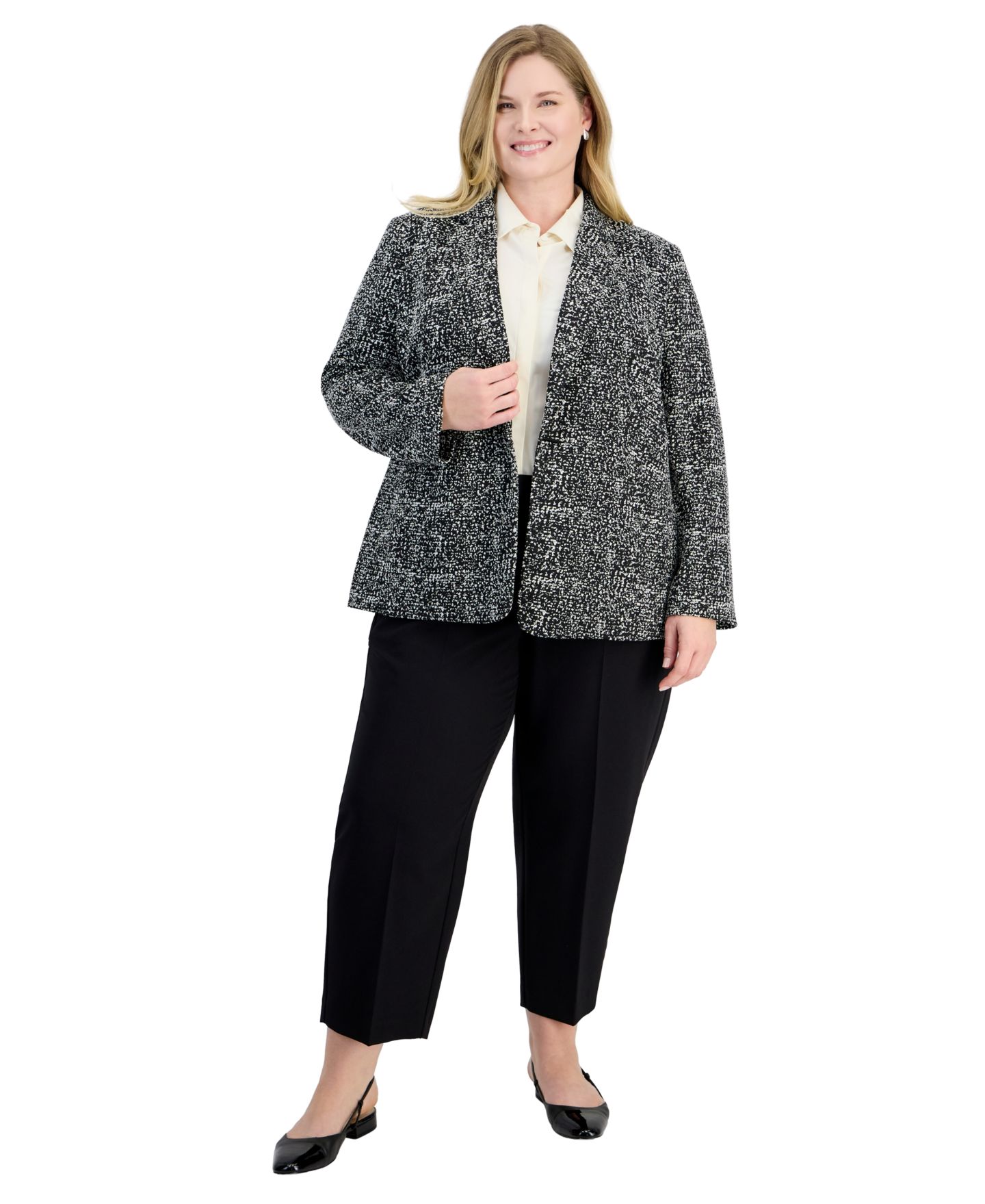 Женский пиджак Kasper Plus Size Toggle Long-Sleeve Textured-Tweed, цвет: Чёрный / Ванильный ледяной — фото 4