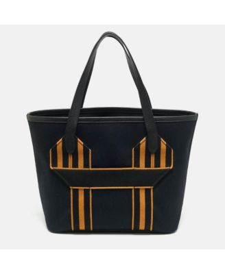 Pre-Owned HERMES Pursangle Mm Noir/caramel Militaire Toile And Taurillon Clemence Leather Tote