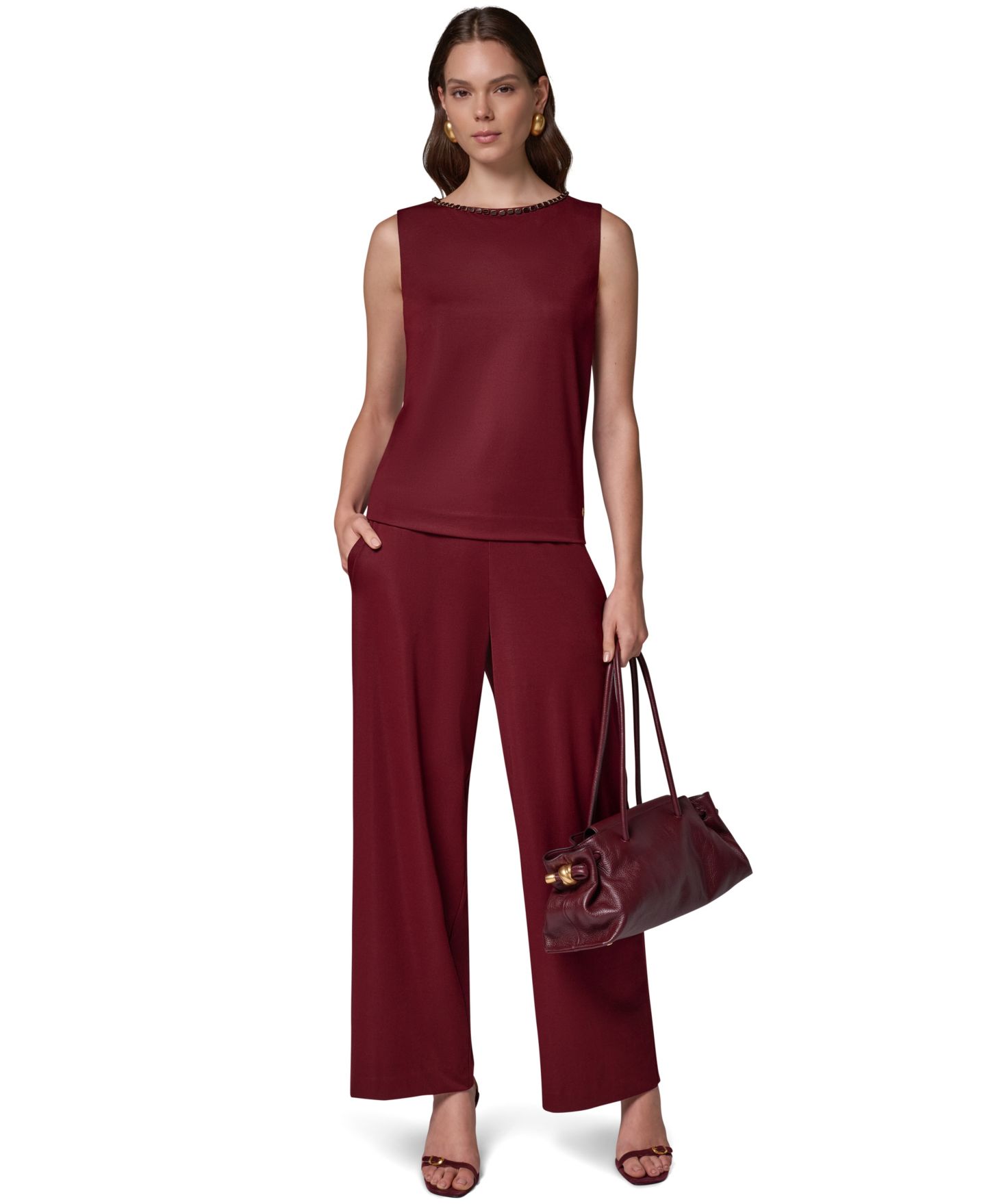 Женский топ на бретелях Donna Karan New York с бисером и вырезом-лодочка, без рукавов, цвет: Чёрный вишнёвый — фото 7