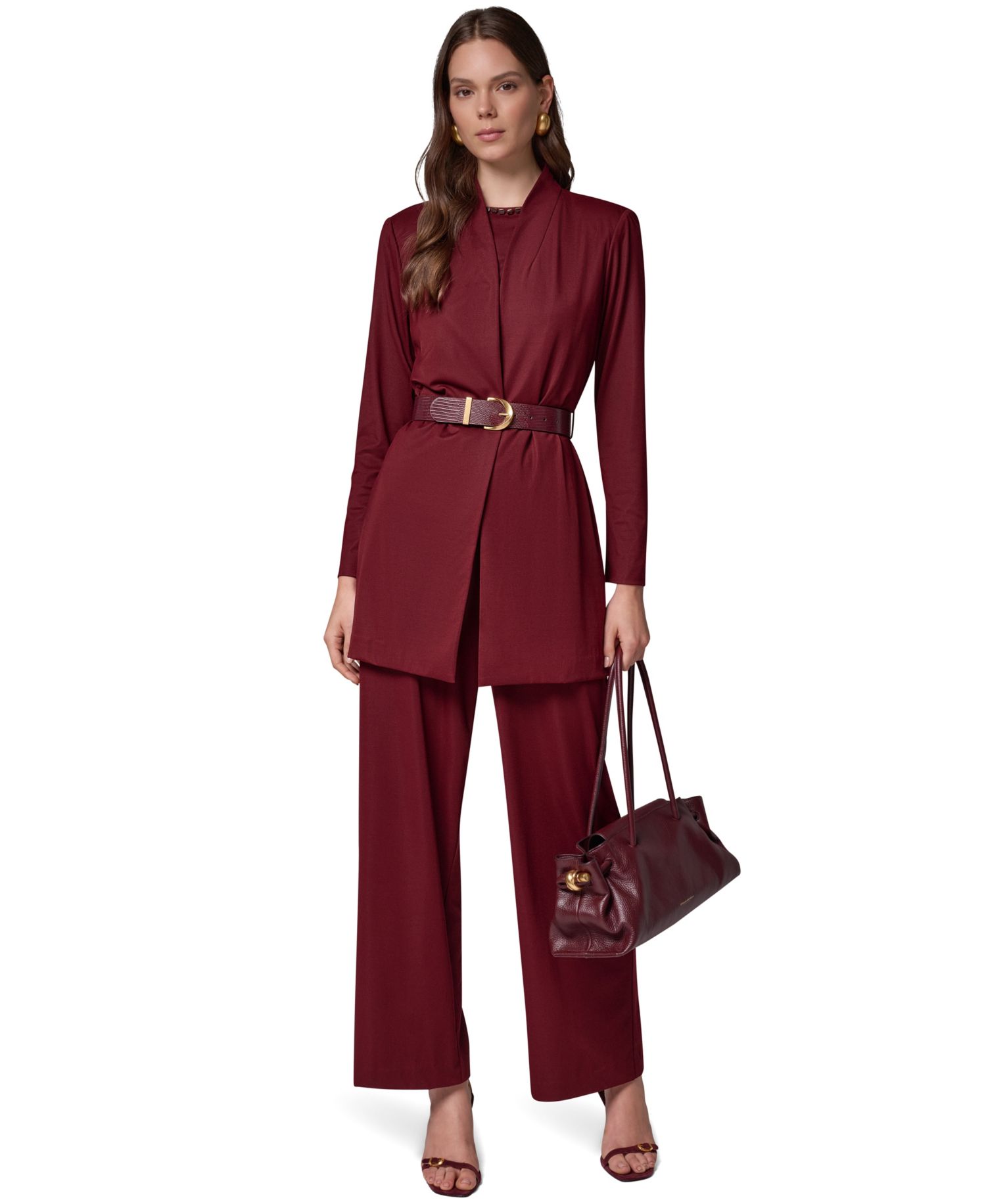 Women's Knit Belted Collarless Blazer