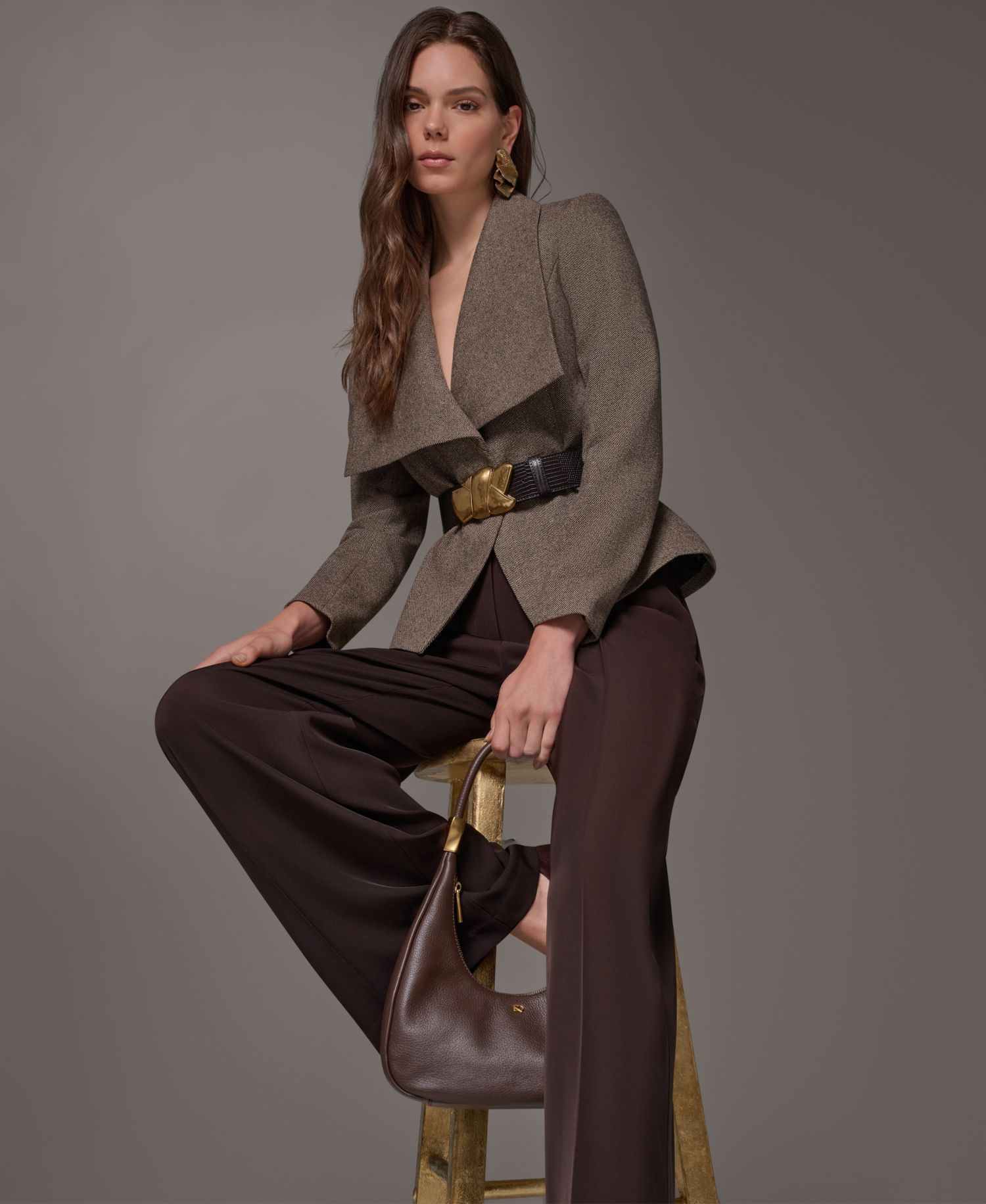 Women Cropped Shoulder-Padded Belted Blazer