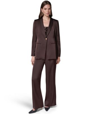 Women's Satin Shawl Lapel Shoulder-Padded Blazer and Wide-Leg Satin Side-Zip Pants