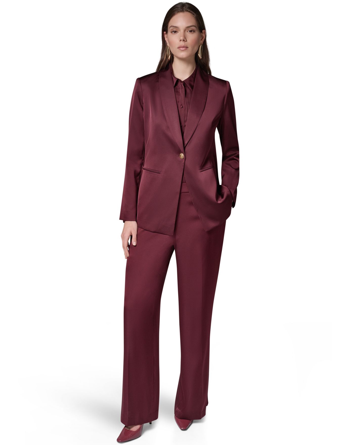 Женский пиджак Donna Karan New York Satin Shawl Lapel Shoulder-Padded Blazer, цвет: Чёрный вишнёвый — фото 8