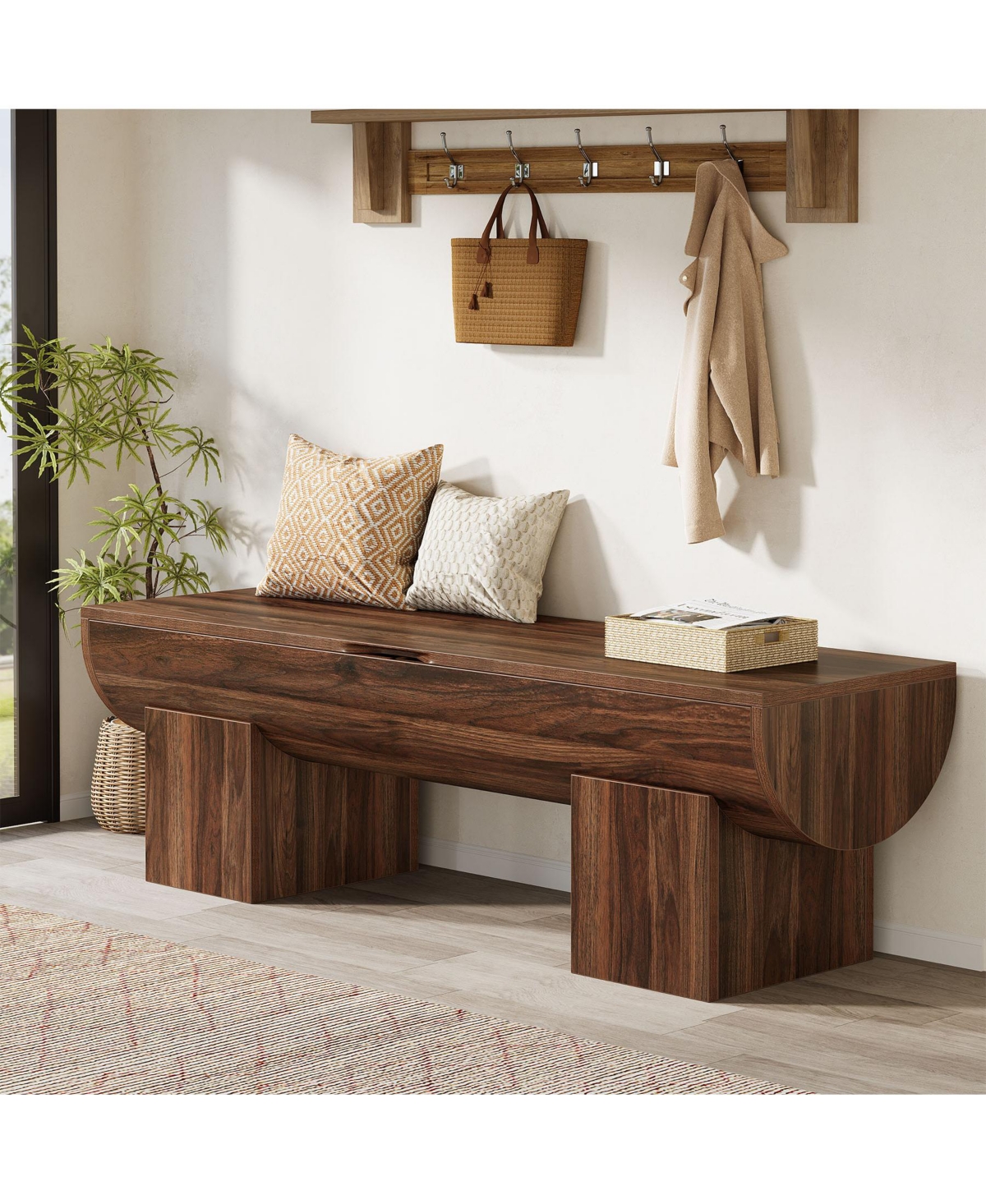 Tribesigns Storage Bench with Safety Hinges, 55''Farmhouse Shoe Bench - Dark brown